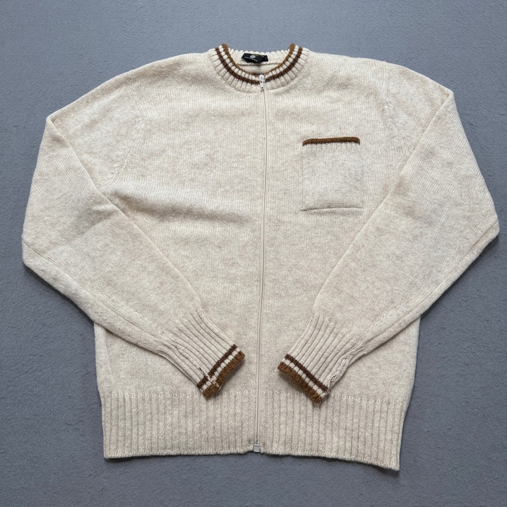 Vintage 80s St Michael Cardigan Men's 42 Oatmeal Shetland Wool Zip Up Britain